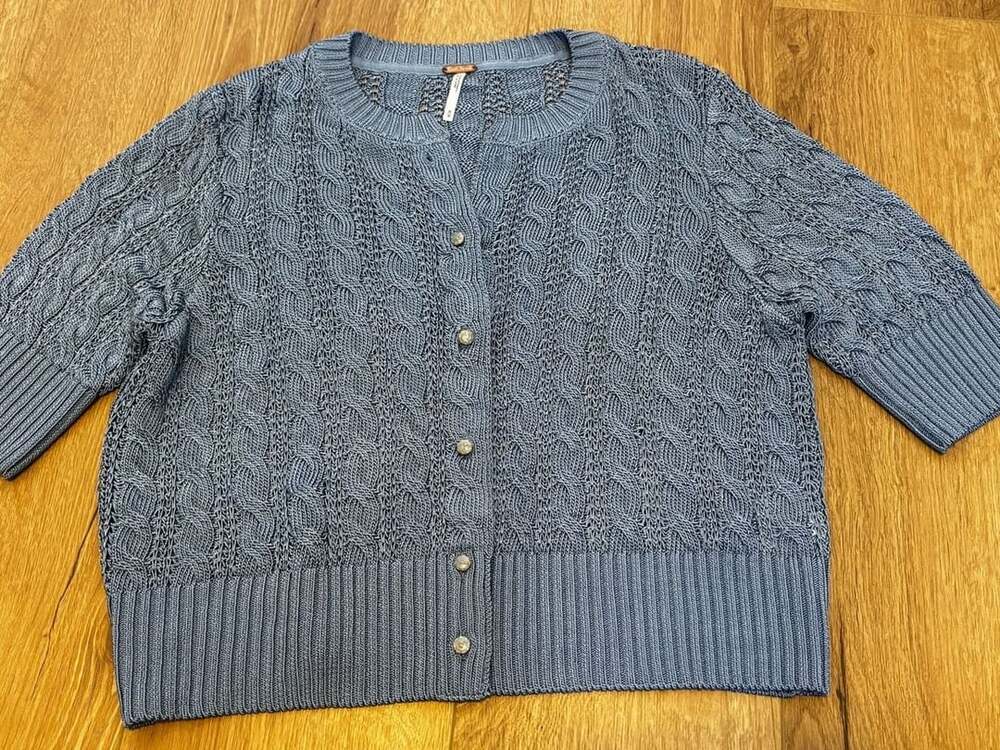 Free People Cable-Knit Short Sleeve Cardigan Size M Blue Viscose